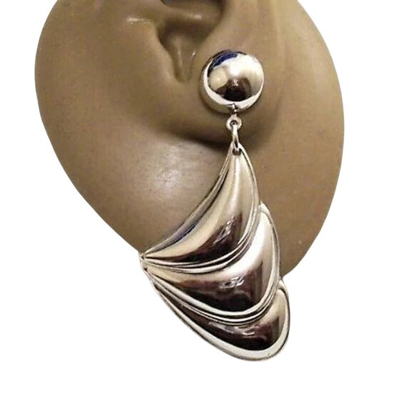 Layered Waves Disc Pierced Earrings Silver Tone - Picture 2 of 5